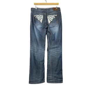 Adiktd | Embellished Pockets Flare Leg Mid Rise Dark Wash Jeans
